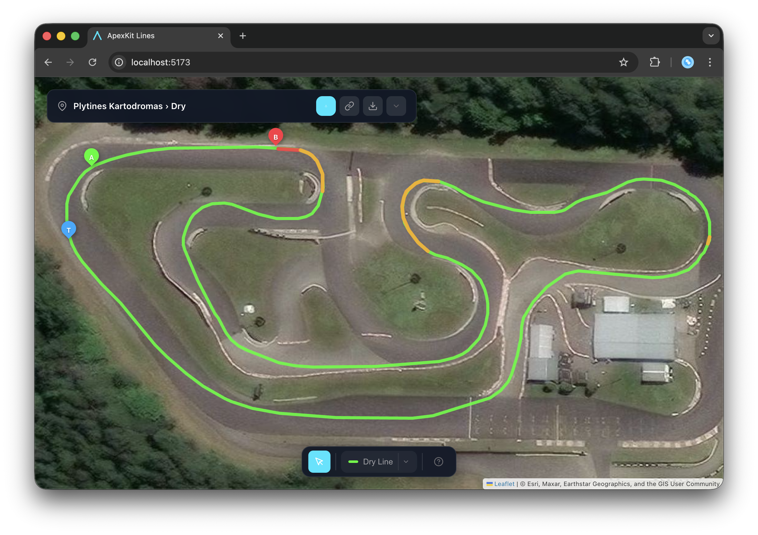 ApexKit Lines editor showing a racing line on a circuit with braking zones and apex markers