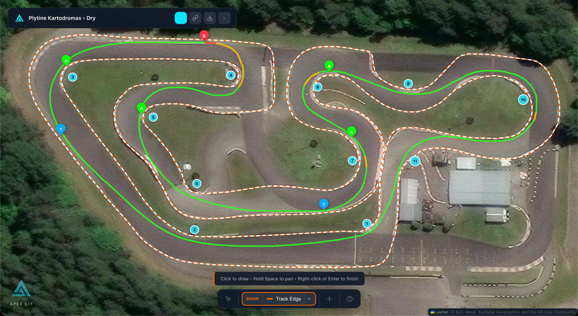 ApexKit Lines editor showing a racing line on a circuit with braking zones and apex markers
